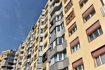Typical facade of concrete panel building. Post Soviet flat of blocks