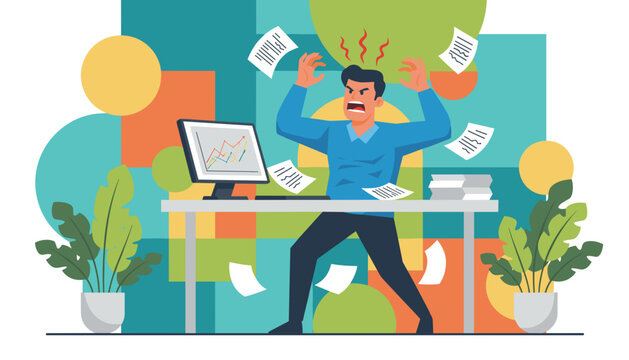 Furious businessman overwhelmed by work stress yelling and scattering documents at his office desk