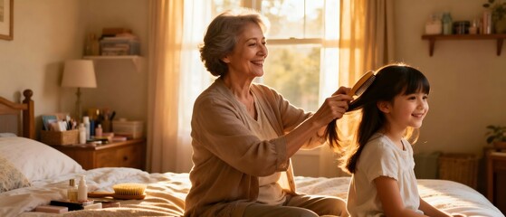 Grandmother Brushing Granddaughter’s Hair