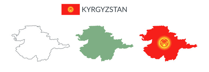 Kyrgyzstan geographical borders isolated on white background. Flag of Kyrgyzstan. Vector flat cliparts.