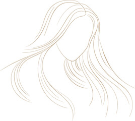 Minimalist female profile with flowing hair, blank face elegance, black line art, CAD drawing flat vector illustration