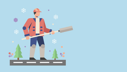 Fototapeta premium Snow removal worker illustration Man with a shovel ready for winter service in snowy weather