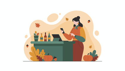 Fall business illustration Woman uses phone and tablet at a counter decorated with pumpkins