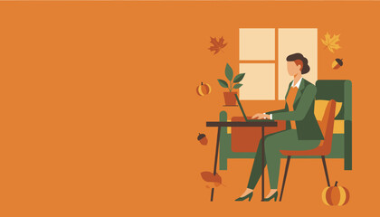 Businesswoman working on laptop in an autumnthemed office setting Fall professional concept