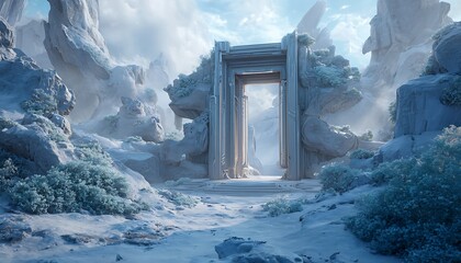 Temple gateway mockup with white plasma console inside snowy alien terrain