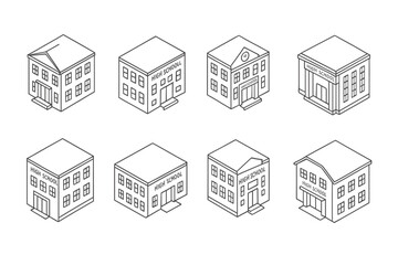 Set of eight isometric high school building designs for educational materials