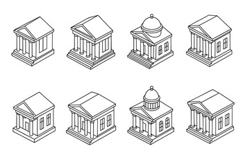 Isometric architectural designs of classical buildings for educational and design use
