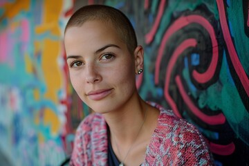 Fototapeta premium Portrait of a confident young woman with shaved hair standing against a colorful graffiti wall