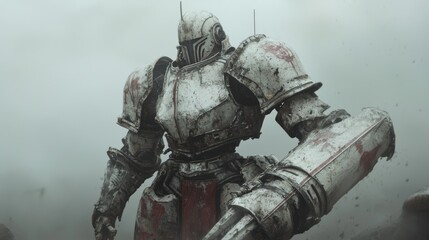 Enigmatic Knight Robot Standing Tall in a Misty Landscape.
