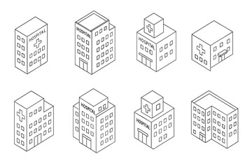Fototapeta premium Set of isometric hospital building designs for architectural visualization and educational purposes