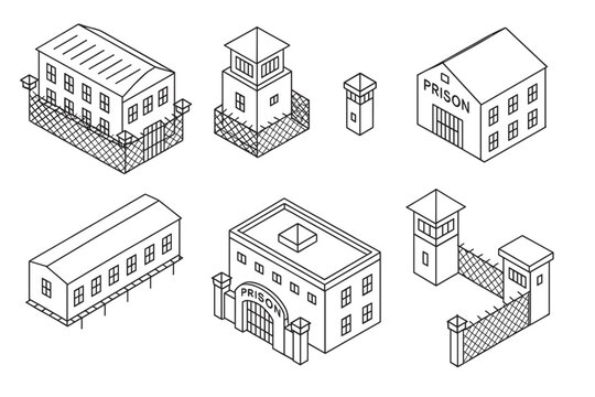 Isometric prison building models for architecture and design projects