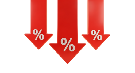 Three red downward arrows with percent signs on transparent background