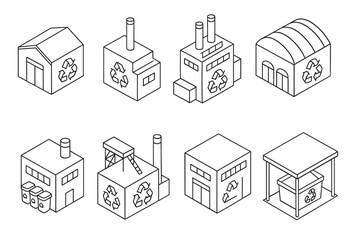 Fototapeta premium Eco-friendly recycling factories icons set for environmental design projects