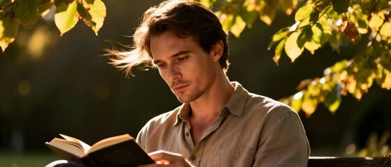 Young man engrossed in reading a book outdoors under golden autumn leaves.