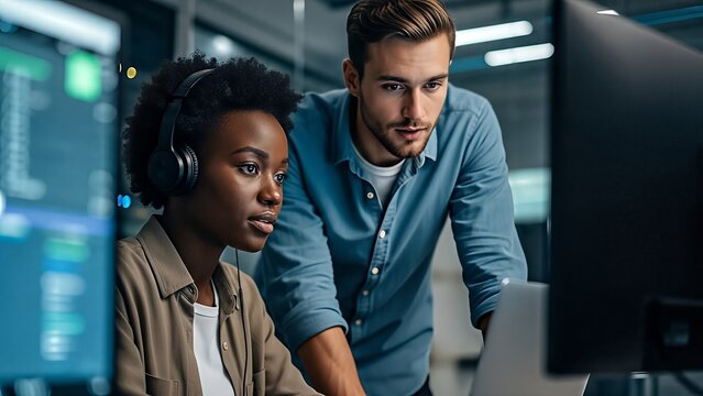 Two diverse software engineers collaborating on a coding project in a modern tech office environment, discussing code on a laptop and desktop screen. - Powered by Adobe