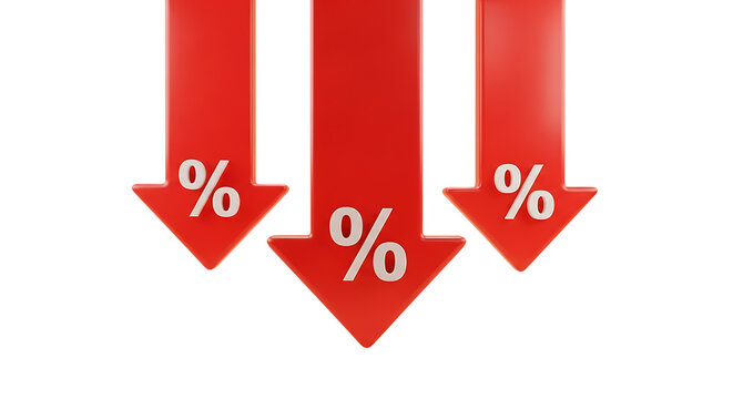 Three red downward arrows with percent signs on transparent background