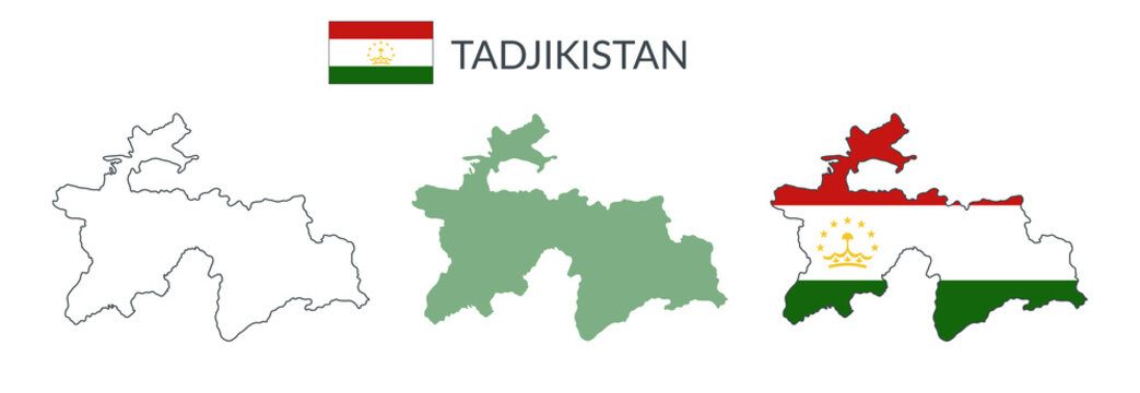 Tadjikistan geographical borders isolated on white background. Flag of Tadjikistan. Vector flat cliparts.