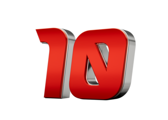 Metallic Red number 10 or Ten with a glossy finish and reflective silver edges. 3d illustration