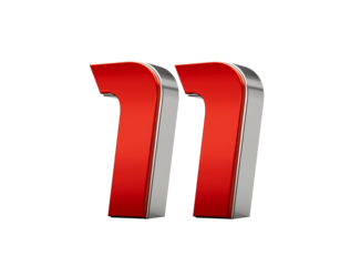 Metallic Red number 11 or Eleven with a glossy finish and reflective silver edges. 3d illustration