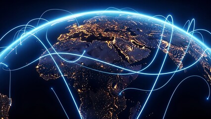 A glowing blue network of lines connecting continents on a dark Earth, symbolizing global communication and data transfer.