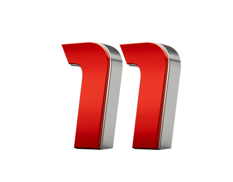 Metallic Red number 11 or Eleven with a glossy finish and reflective silver edges. 3d illustration