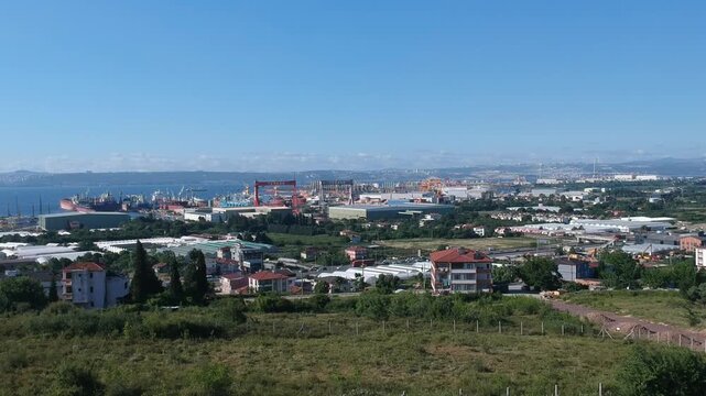 
Aerial drone view over Yalova, Turkey, showcasing natural landscapes transitioning from lush greenery to mountain scenery, with a glimpse of Koru K&ouml;y village. Scenic nature, coastal environment, and 