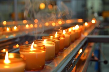 Lit candles on a production line in a candle factory, creating a warm and inviting atmosphere