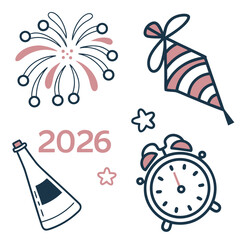 New Year's Eve: Festive icons representing the upcoming year, a vibrant collection of elements perfect for invitations, greeting cards, or celebratory designs, with a playful charm.