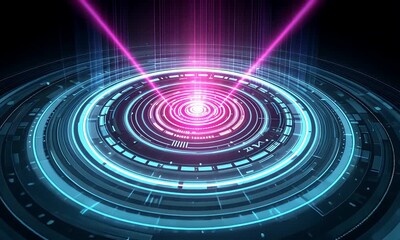 Futuristic digital interface with glowing concentric circles and beams of pink and blue light emanating from the center against a dark background representing advanced technology and data flow - Powered by Adobe