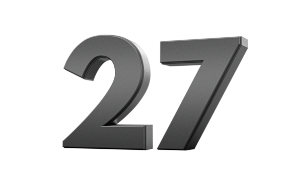 Sleek. metallic Black number 27 Twenty seven with a glossy surface. 3d illustration