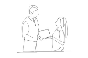 Couple giving gifts. Gift giving concept one-line drawing