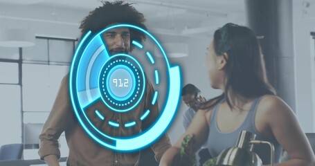 Talking coworkers wearing brown shirt and grey tank, leaning at office counter with blue holo 91