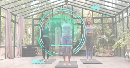 Stretching woman in light tank patterned leggings, raising arms in greenhouse studio with cyan HUD