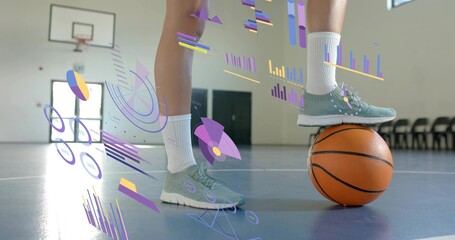 Balancing female athlete's legs resting on basketball in gym, wearing sneakers, socks, AR graphics