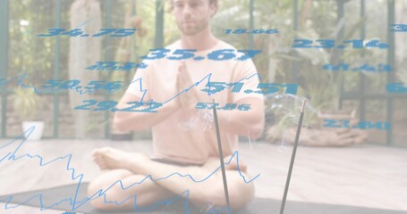 Meditating man in light shirt and shorts on yoga mat in sunroom, incense and blue overlays
