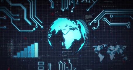 Showing stylized glowing globe pulsing over dark grid dashboard, with circuit traces and bar chart