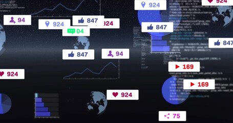 Floating social media badges and widgets occupying dark data dashboard, showing globe icons, charts