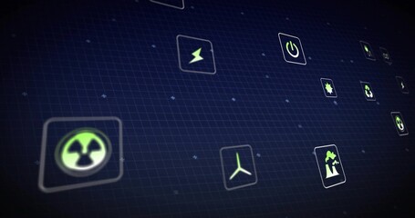 Displaying tiles on navy grid showing radioactive symbol left, glowing energy icons, copy space