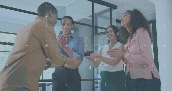 Getting award brown-shirt man office glass with black metal frames, team wooden-plaque, copy space