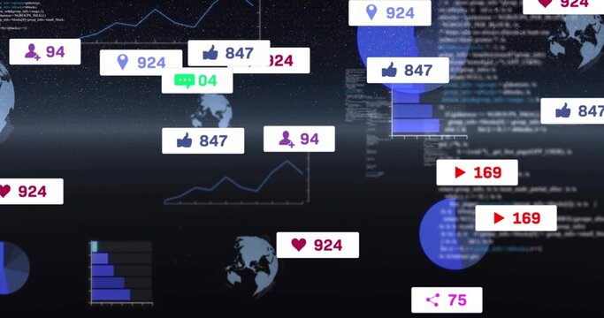 Floating social media badges and widgets occupying dark data dashboard, showing globe icons, charts - Powered by Adobe