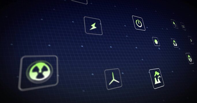 Displaying tiles on navy grid showing radioactive symbol left, glowing energy icons, copy space