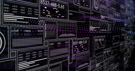 Displaying floating UI panels receding right in virtual dashboard, showing line graphs, numeric IDs