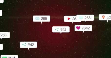 Showing central notifications in starry gradient, mail 258, share 942, likes 7342, play 25, pin 63