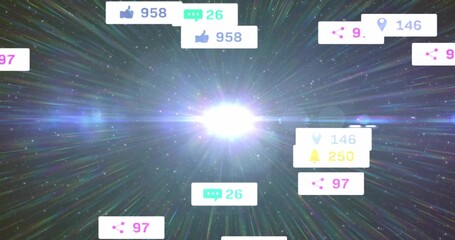 Radiating bright lens-flare sending streaks across dark starfield, floating notification badges © vectorfusionart