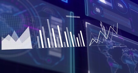 Displaying translucent dashboard panels across virtual command center, with area, bar, line charts