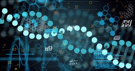 Displaying turquoise-node DNA-helix winding across virtual dashboard, with hex-lattice and code
