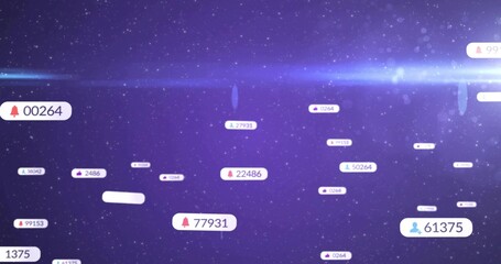 Floating rounded notification badges showing counters and icons on purple backdrop with lens flare