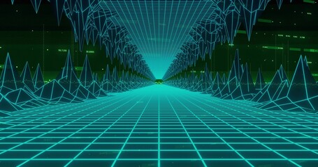 Obraz premium Glowing central cyan grid corridor drawing wireframe peaks into cyberspace, with yellow-green probe
