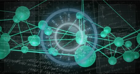 Displaying network cluster converging on holographic hub, with teal spheres and glowing lines