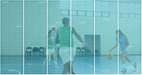 Posing four women in smart-casual and dressy outfits on studio set with binary overlay and dividers